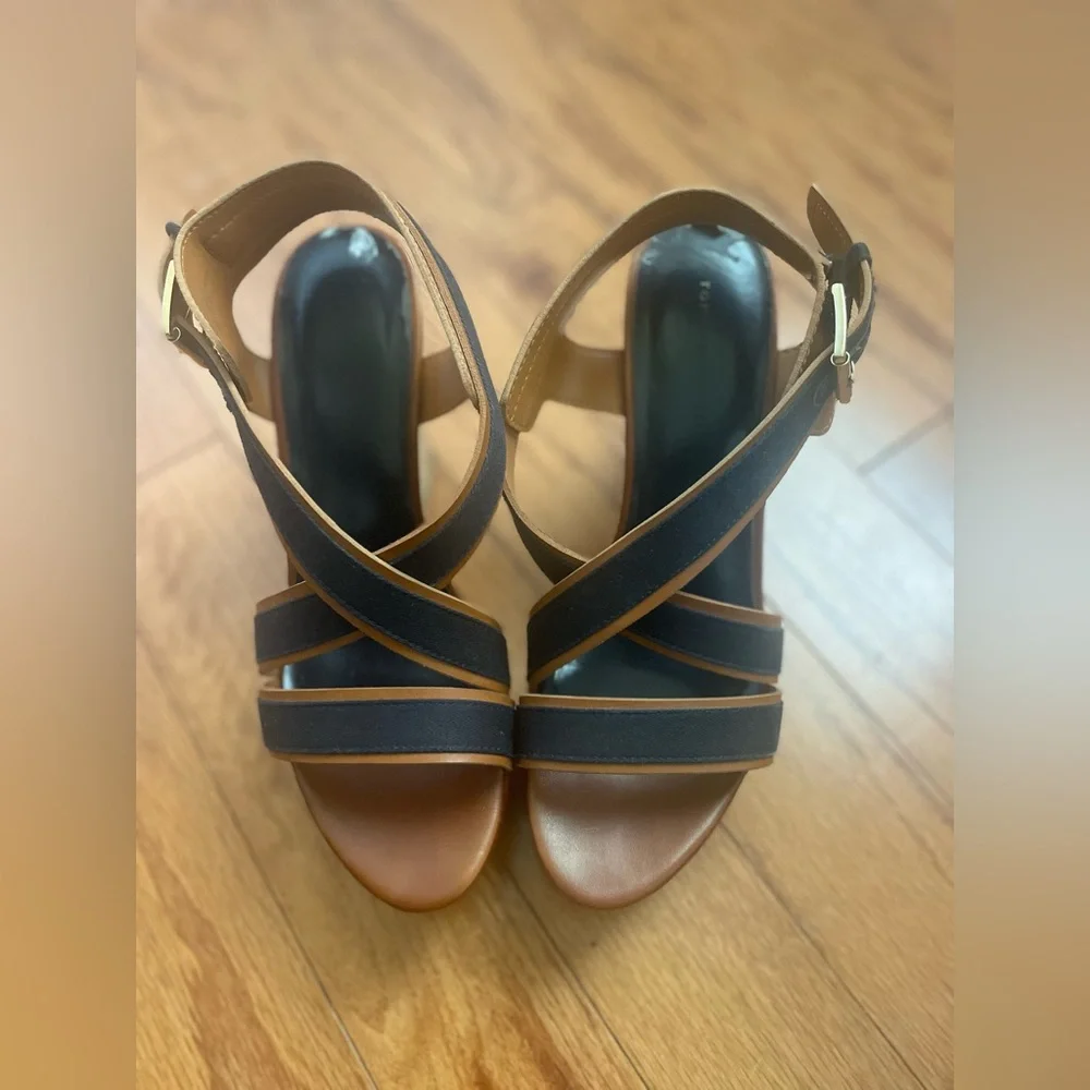 Tommy Hilfiger Womens Navy Tan‎ Cork Wedge Sandals Crisscross Strappy Platform